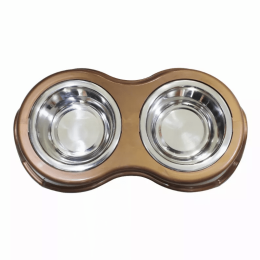 Plastic Framed Double Diner Pet Bowl in Stainless Steel, Large, Gold and Silver