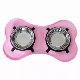 Bone Shaped Plastic Pet Double Diner with Stainless Steel Bowls, Pink and Silver