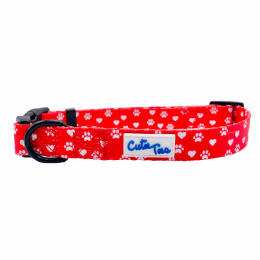 Cutie Ties Fun Design Dog Collar (Color: Paw Prints & Hearts Red)