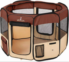 Zampa Portable Foldable Pet playpen Exercise Pen Kennel + Carrying Case (Color: Brown)