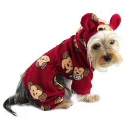 Adorable Silly Monkey Fleece Dog Pajamas/Bodysuit with Hood (Color: Burgundy)